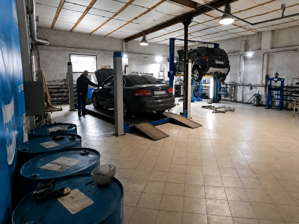 Мастер осматривает автомобиль на подъёмнике в боксе автосервиса «У Колошницина»
